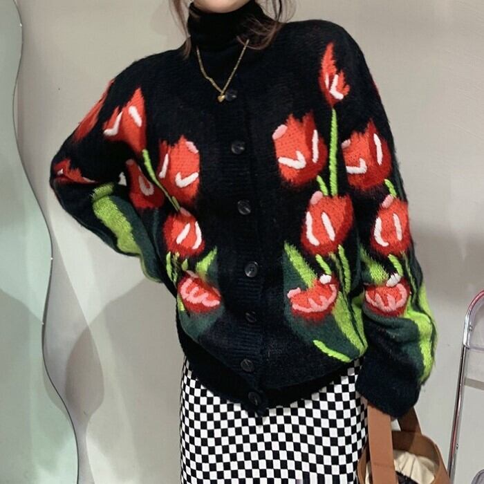 チューリップ 刺繍 ニットカーディガン | marimonju ～ ma