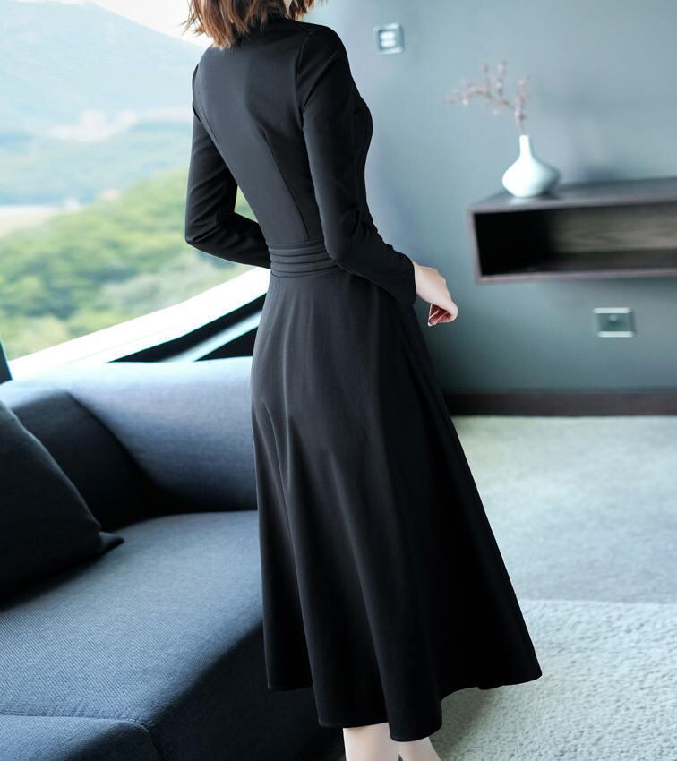 送料無料】喪服 ワンピース 長袖 きれいめ ハイウエスト Aライン V