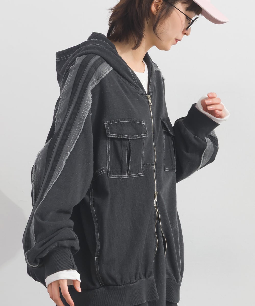 K261012 デニム切り替えZIPパーカー / Denim-Look Panel Zip Hoodie