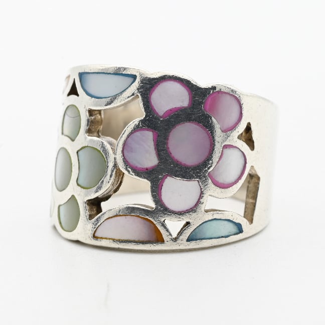 Multi Color Mother Of Pearl Inlay Petal Design Ring #13.5 / Denmark