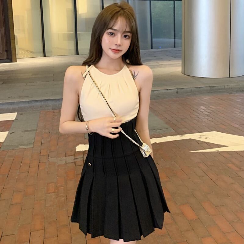 ホルターカラーノースリーブプリーツドレス レディース ハンチェンe35499311070