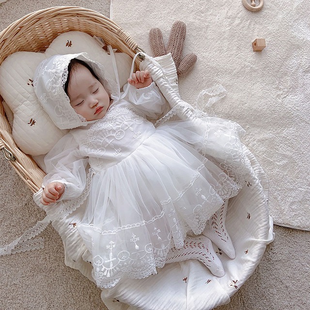 ベビードレス お宮参り 冠婚葬祭 セレモニードレス 白 帽子付き レースワンピース 結婚式 ベビー 長袖 レースドレス ボンネット セット ウェディング 赤ちゃん チュールワンピース 50 60 70 80 90 0歳 1歳 Maokico ベビー服とママ服のお店