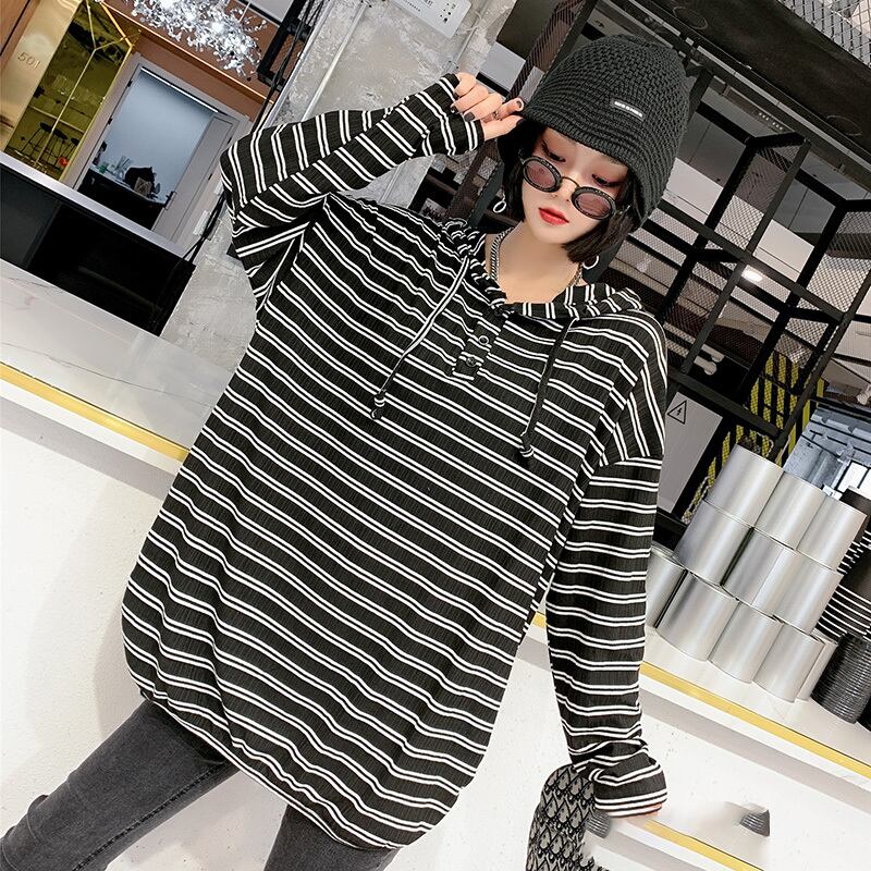 プラスサイズの女性のスリムな秋の服ルーズブラウス脂肪mm太った姉妹スリム長袖ストライプTシャツ女性カバー腹 ミックスインファッション74759139012