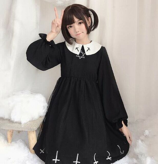 ロリータ ワンピース 十字架 ミニワンピ 六芒星 Aライン 長袖 半袖 闇