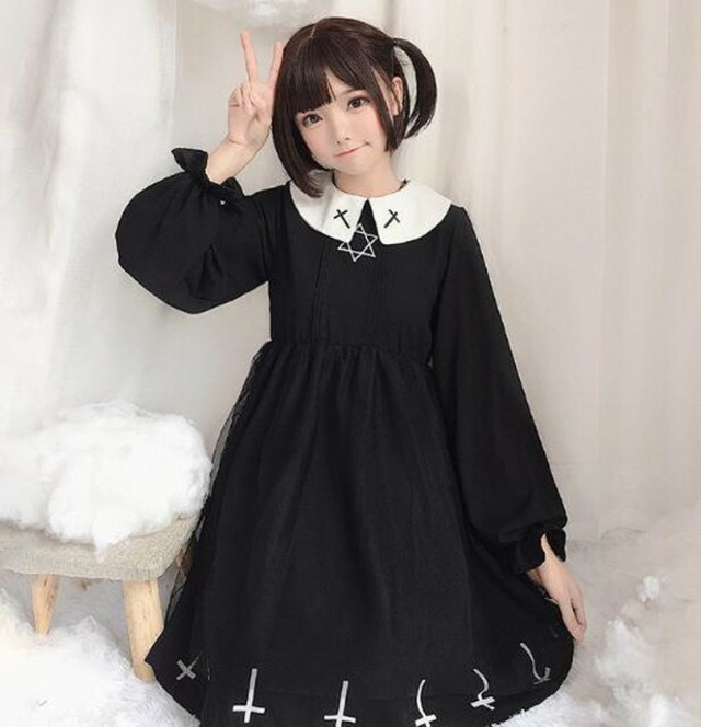 サブカル 服 地雷系 通販 ロリータ ワンピース 十字架 ミニワンピ 六芒星 Aライン 長袖 半袖 闇かわいい