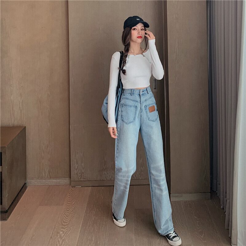 ジーンズ ハイウェストウェストスリムルーズオータムウィンタースタンダードパンツ レトロ 秋物 冬物 ブラックストロベリース94336522400