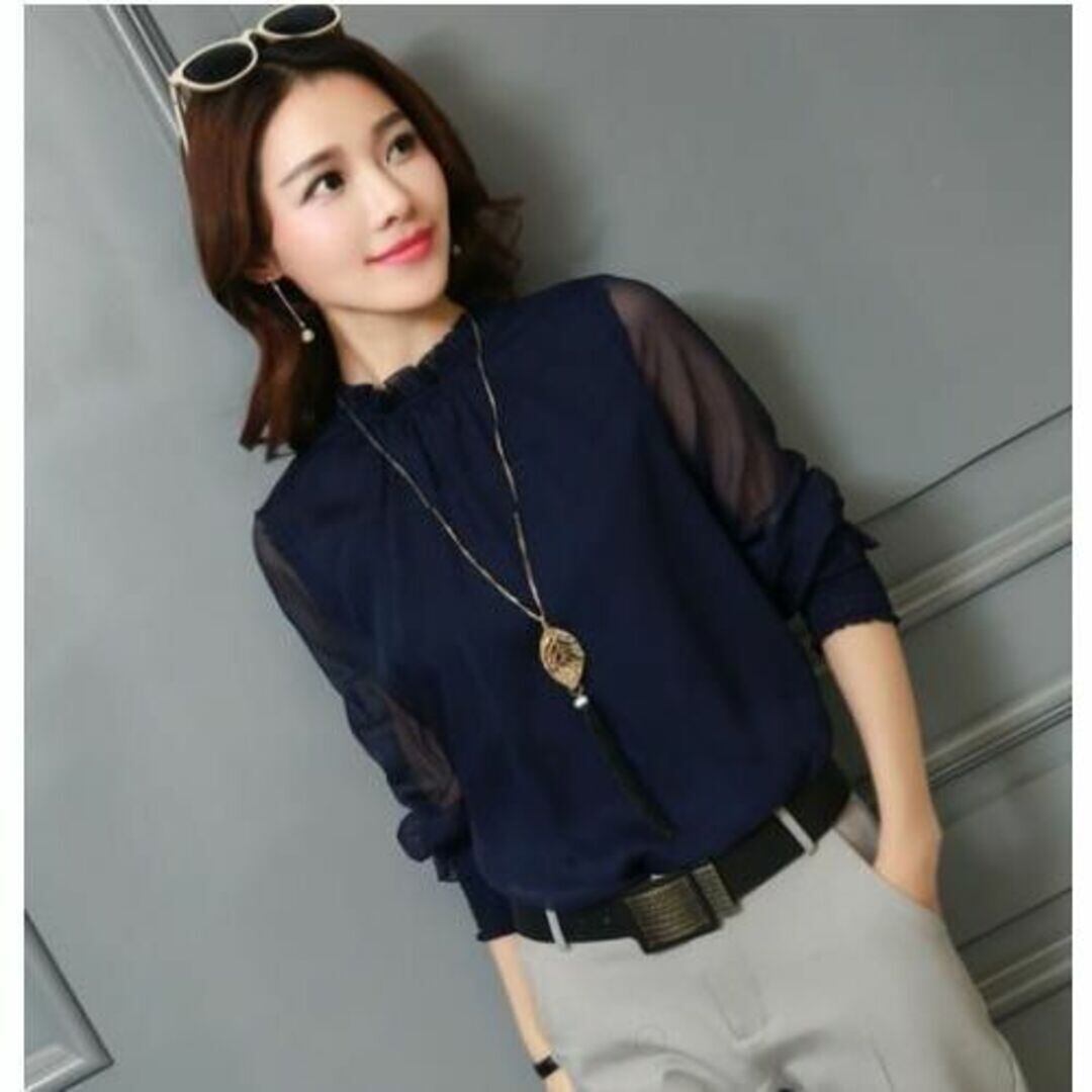 Lネイビー レディース ブラウス シフォン 長袖 シースルー フォーマル シャツ