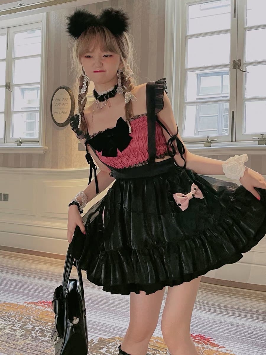 セット】黒 ワンピース リボン ピンク ガーリー 姫 | LOVEYsmileSHOP