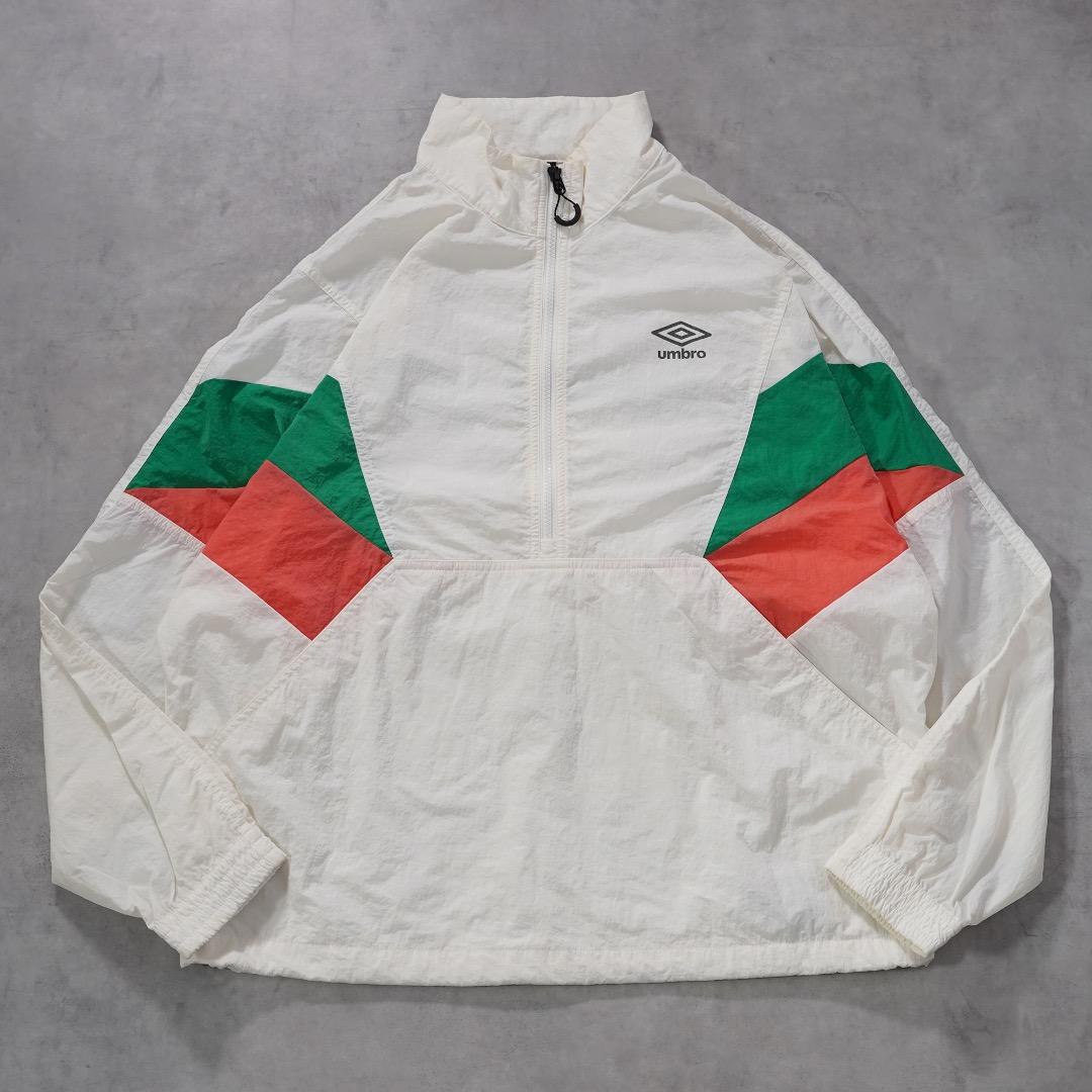 アンブロ ナイロンジャケット 古着 ハーフジップ ロゴ M 白 緑 17621