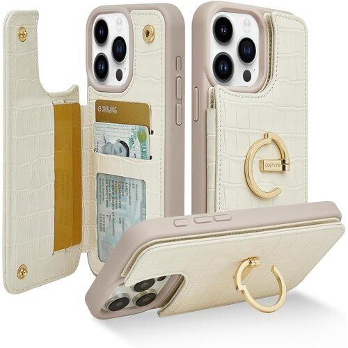 iPhone 15 Pro 6.1対応ケースリング付きグリップ CUSTYPE iPhone 15proケースカード入れ iphone 15 proケース背面手帳型 カードホルダー付き リングバンド スタンド機能 アイフォン15プロケース背面カード収納 財布付きiphone 15 pro ケース クロコダイル模様 レザーケース アイフォン15 pro適応ケース 6.1インチ ホワイト 2340