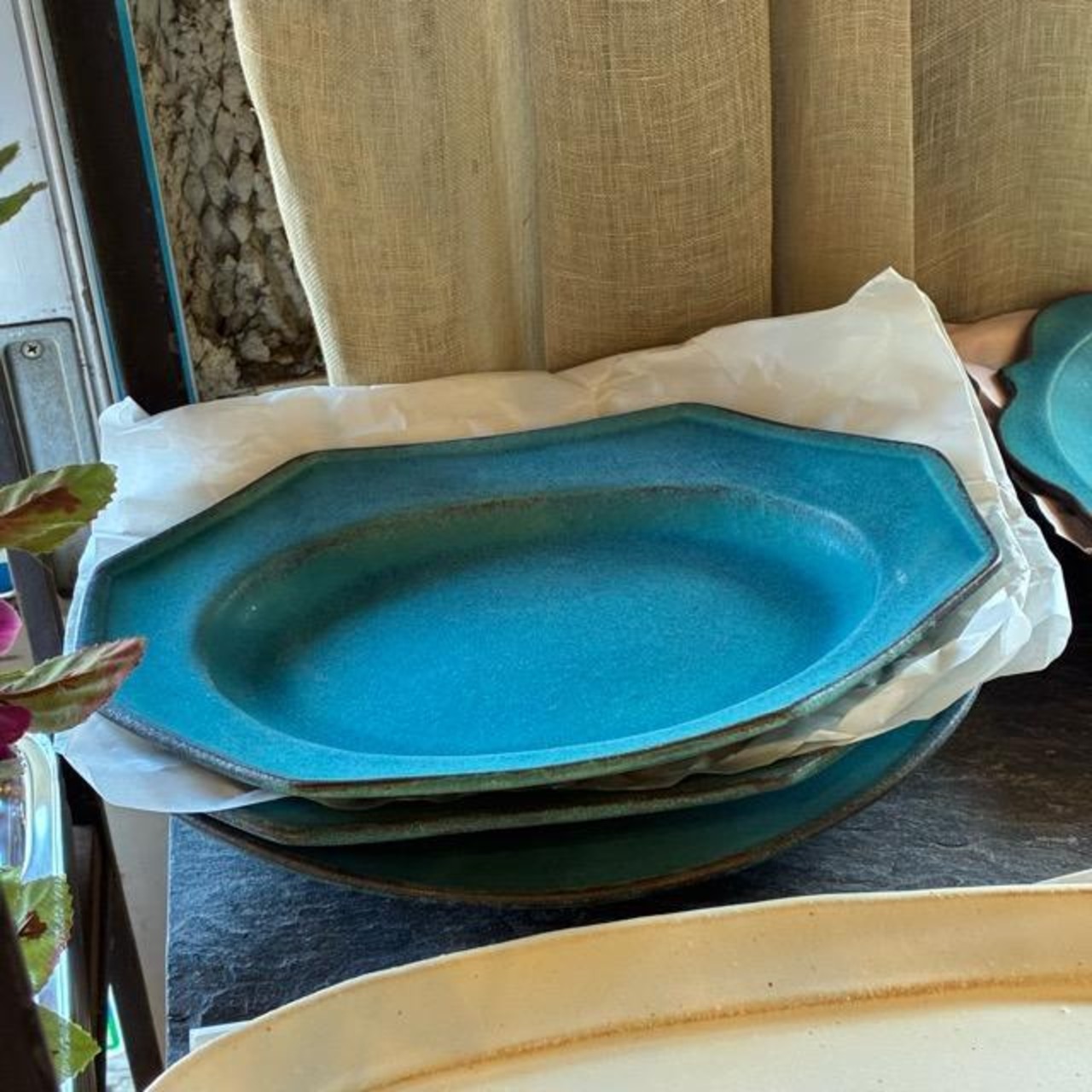 MASHIKO Octagonal plate Shabby turquoise　益子焼　オクトゴナル皿　シャビーターコイズ　オーバル皿　長角皿　メインディッシュ　サラダ　