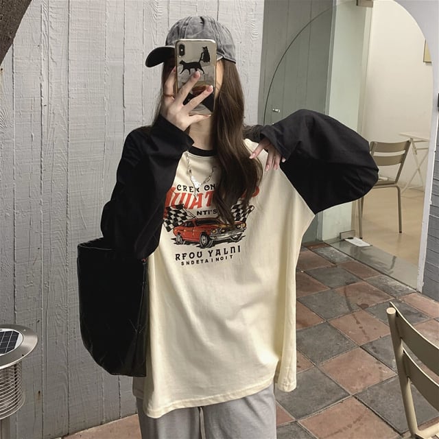 ラグランスリーブ Tシャツ 長袖 ラウンドネック クルーネック 車 ロンT プルオーバー カジュアル アメカジ アメリカンレトロ レディース トップス 黒 B-0254【お取寄せ】