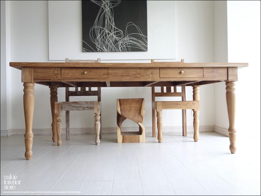 オールドチークダイニングテーブルNⅡ 食卓テーブル 机 チーク材 古材家具 引出二杯 デスク 総無垢 ナチュラル W180×D90cm