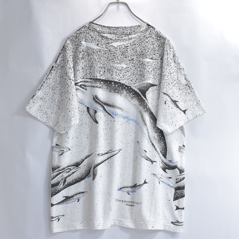 90s Underwater World イルカ 総柄プリント アニマル Tシャツ