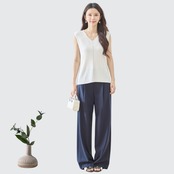 TRUBE 縦リブセンターラインストーンノースリーブVネックトップス【M~L】ホワイト