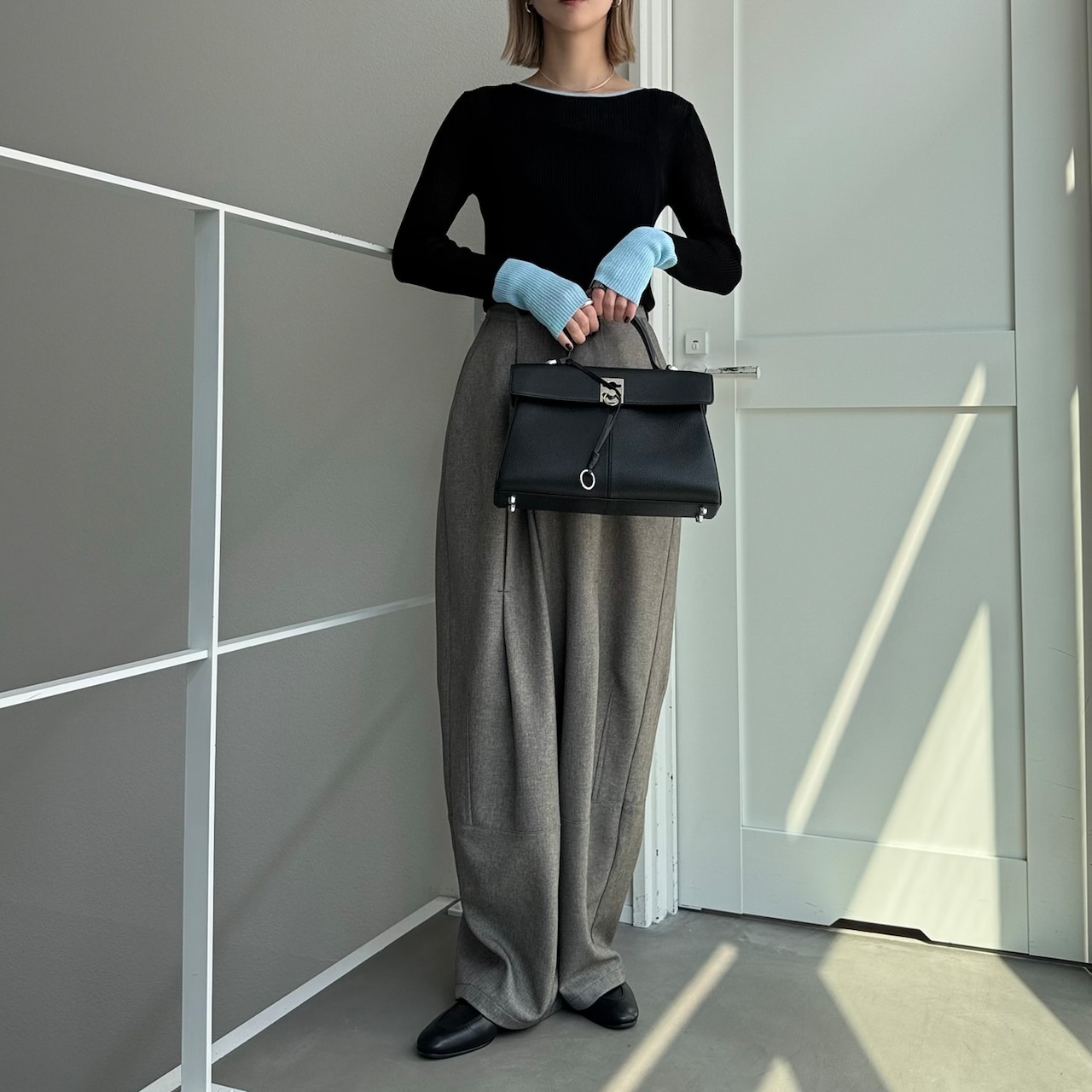 袖バイカラーシアーニットCS/ブラック