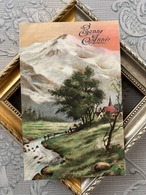 アンティークポストカード Bonne Annee 風景 フランス エンボス 額装 インテリア 撮影小物 BE