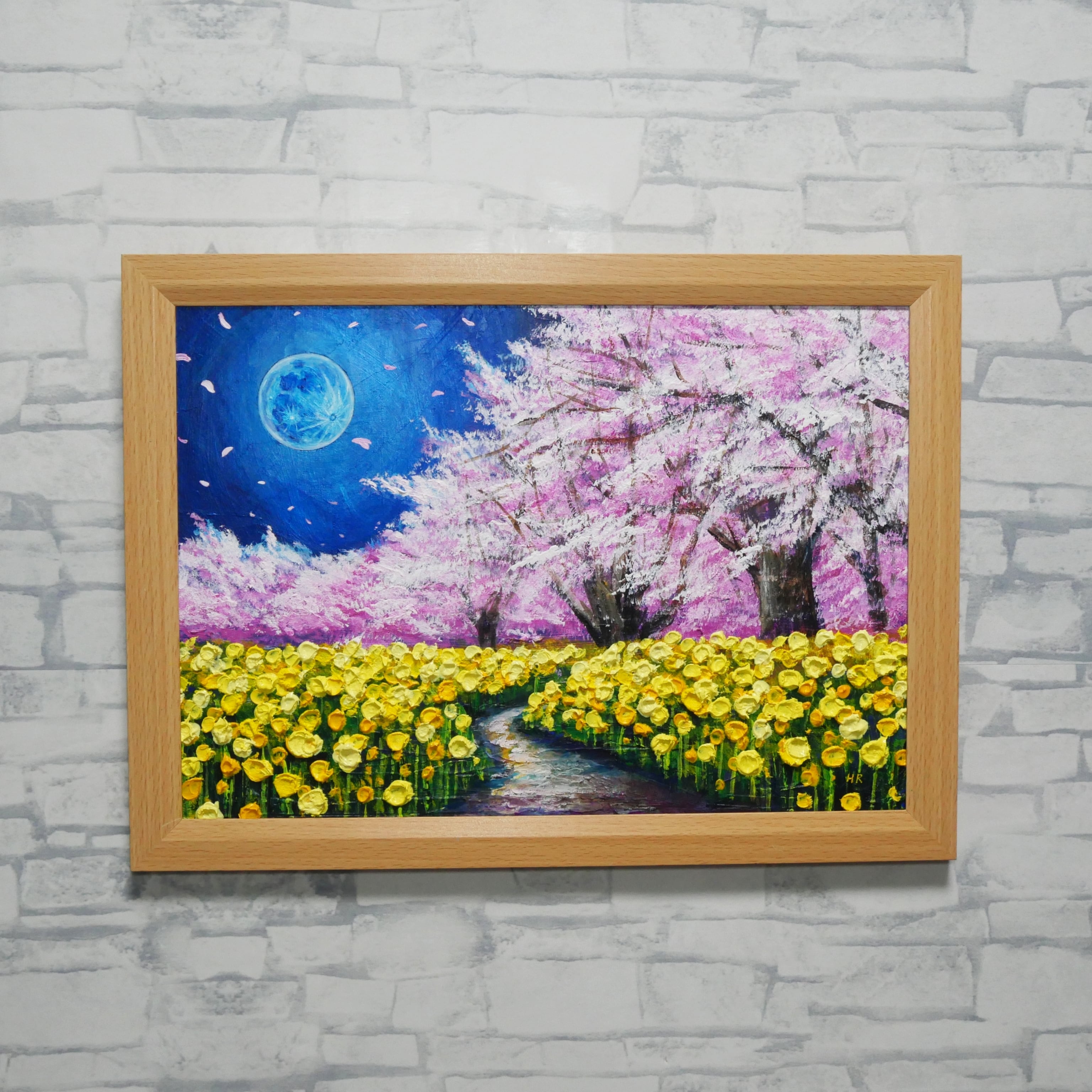 『Tiny Angele』 油彩画 インテリア アート 原画 一点物 一点物アート】【心癒される春の夜：静寂を照らす月の光】油彩絵画