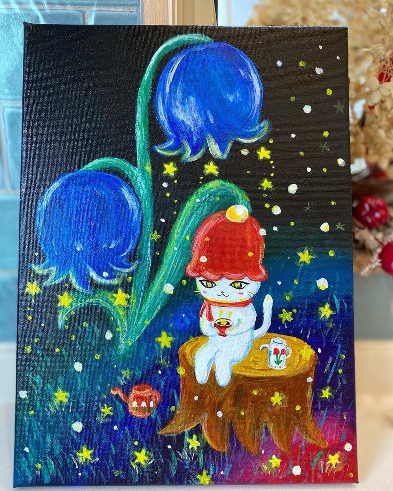 キャンバス アクリル絵の具「星のすずらんとねこちゃん」 すずらん青