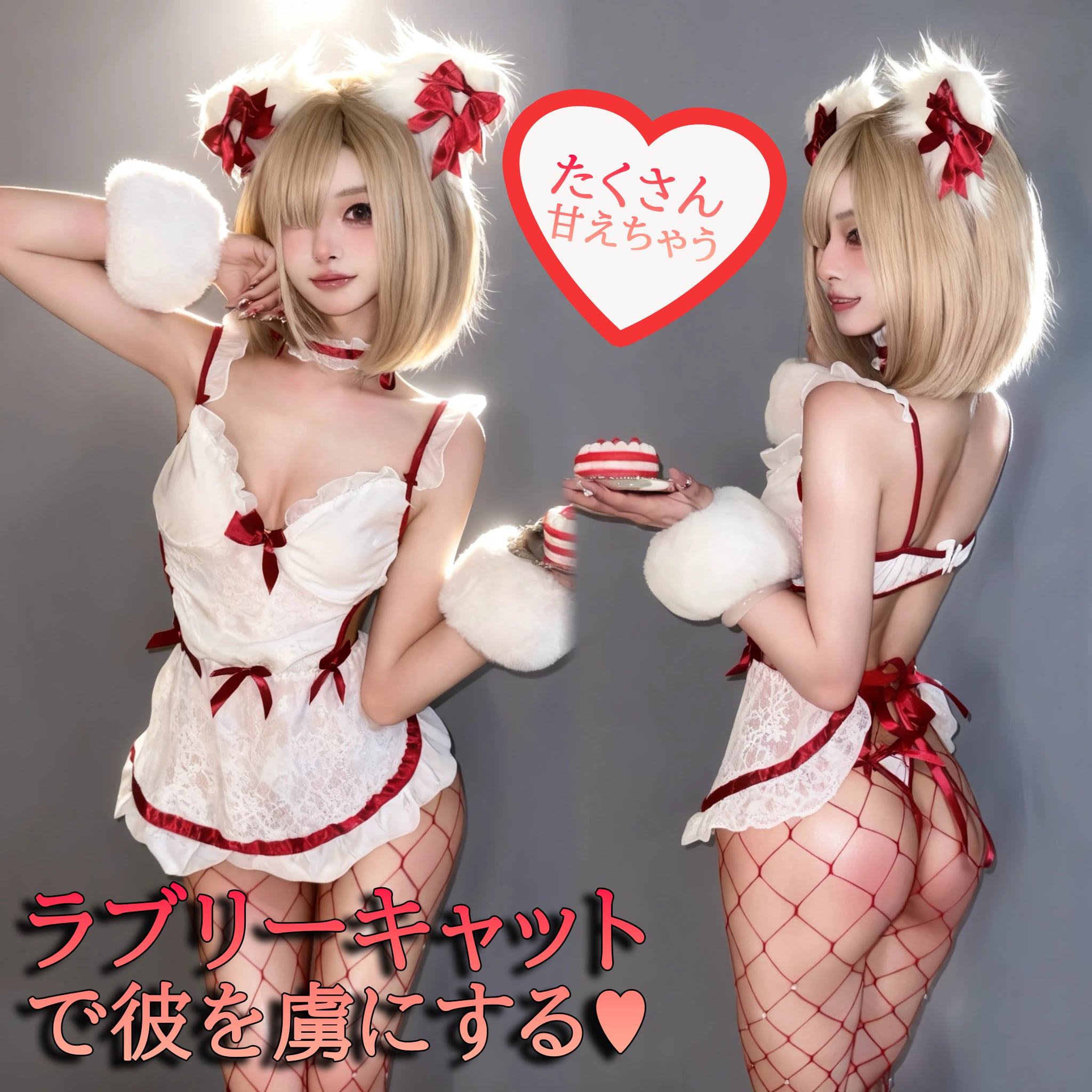 〔アニマル〕甘く誘う 白×赤リボンの猫耳エプロンコスチューム