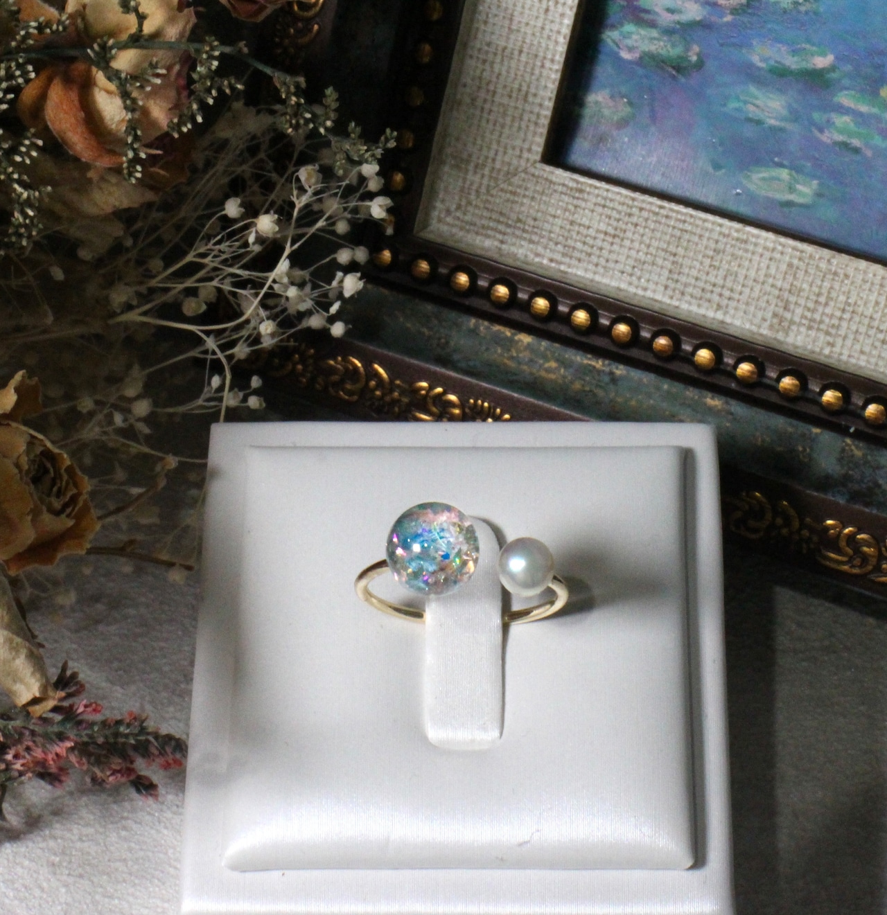 【抽選販売】新色追加【選べる8色】絵画と国産あこや真珠を纏う Lumière ring 【受注制作】