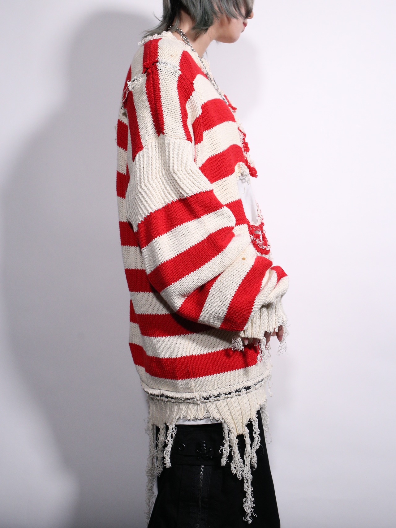 REMAKE / clash bolo × zip XXL over silhouette border knit - 4