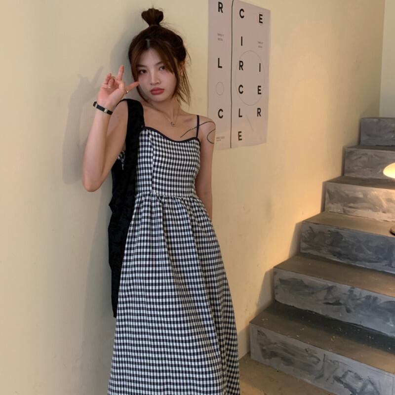 格子柄ドレス サマースタンダードロングスカート レトロ 大人ガーリー スウィート キュート カジュアル 夏物 YY-ファッション65581922726