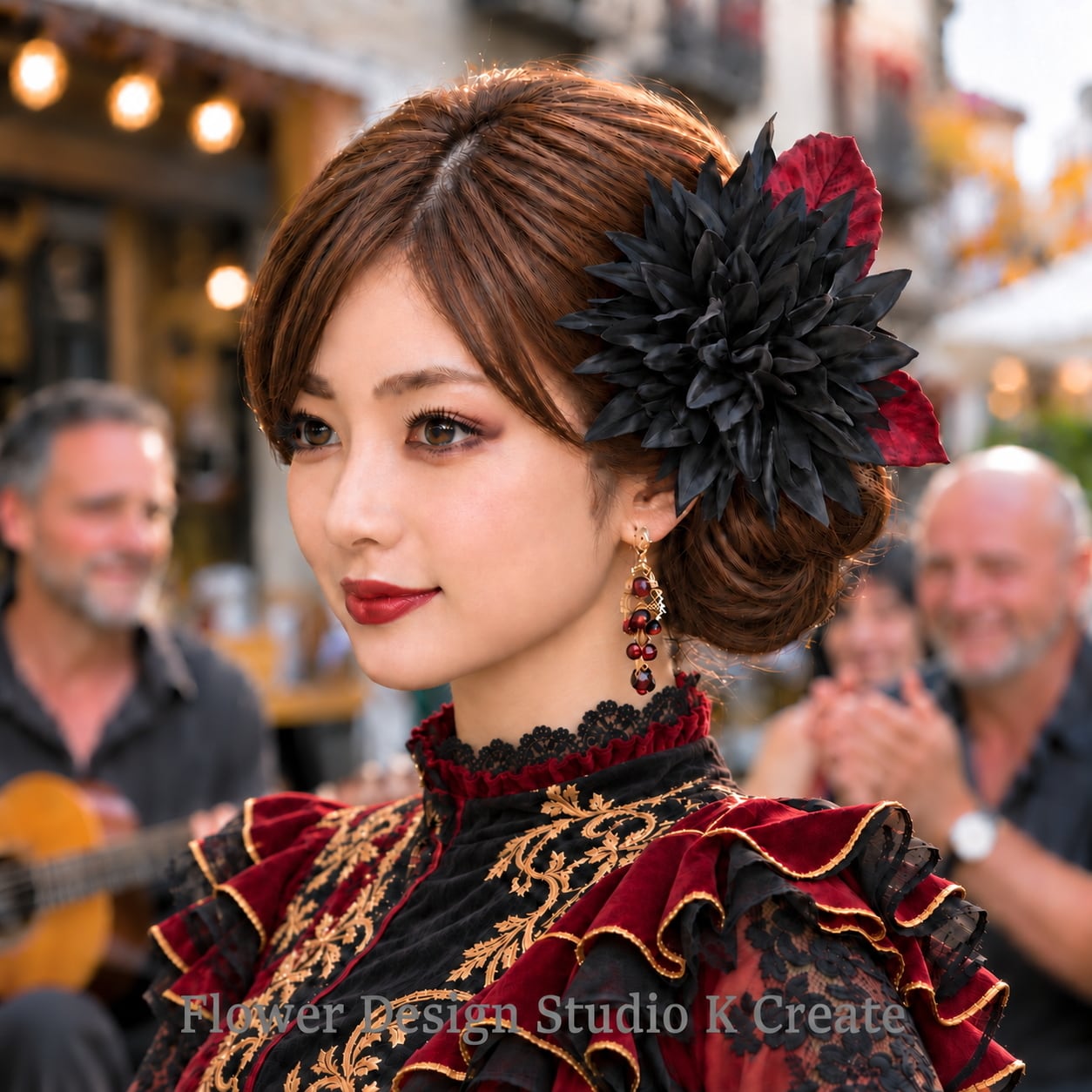 黒いダリアとボルドーの葉っぱの髪飾り 花径18cm Uピン 黒 ブラック ダリア 花 フラメンコ フローレス 花飾り 舞台 発表会 イベント 袴 成人式