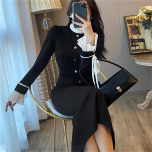 【送料無料】 ドレス ロングドレス ワンピース 衣装 パーティドレス ベルティングドレス ロング ミモレ 袖あり 長袖 萌え袖 フレア袖 フレアスリーブ クルーネック Iライン ボタン リボン エレガント 可愛い 大人可愛い きれいめ シンプル カジュアル シック コンサバ 華やか 大人 上品 おしゃれ お洒落 主役級 こなれ感 高見え 高級感 フェミニン 無地 春 秋 20代 30代 40代 レディース 女性 お呼ばれ 授業参観 結婚式 二次会 パーティ 演奏会 ファッション ペンシルスカート