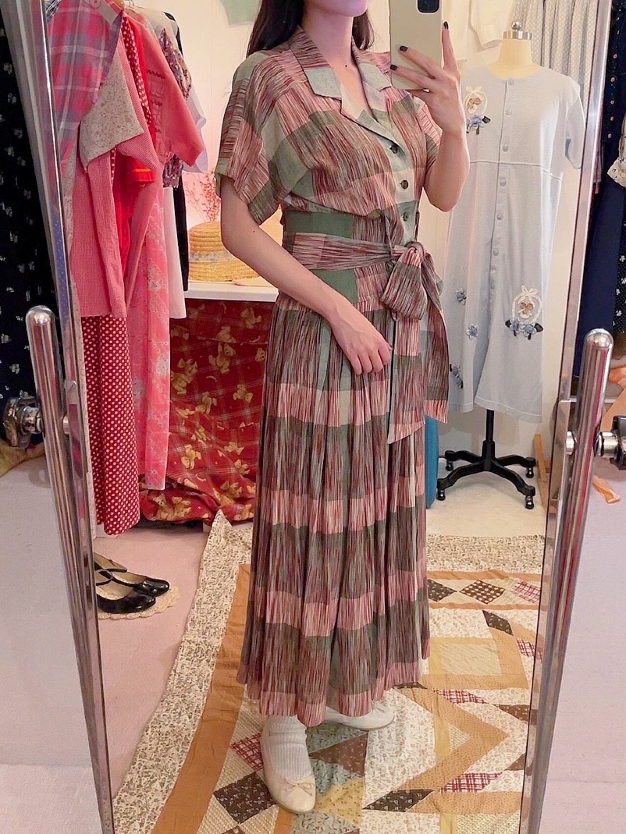 green check open collar one-piece