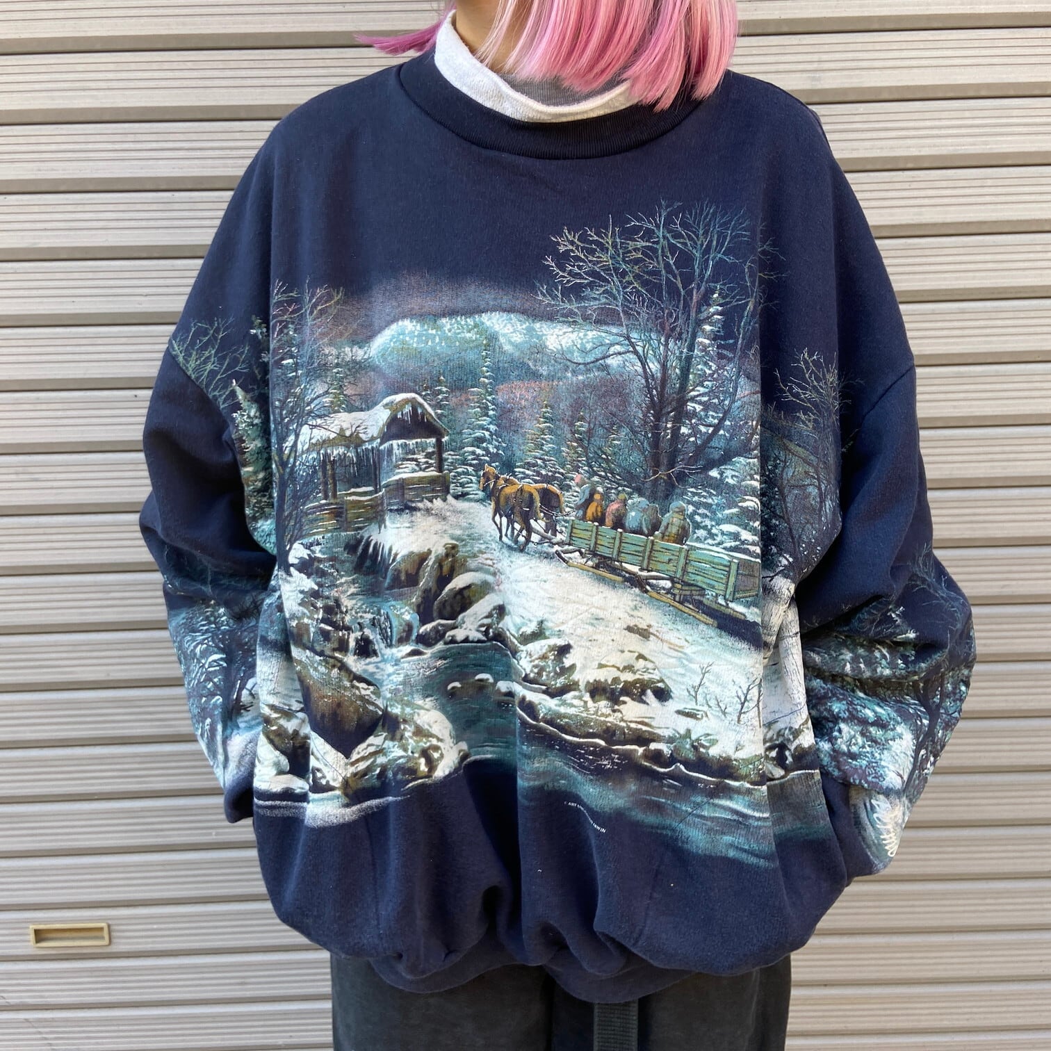 90s USA製 ウシ アート イラスト 両面 プリント スウェット メンズ レディース XL 古着 オールド アニマル トレーナー 裏起毛 大きいサイズ main image 1