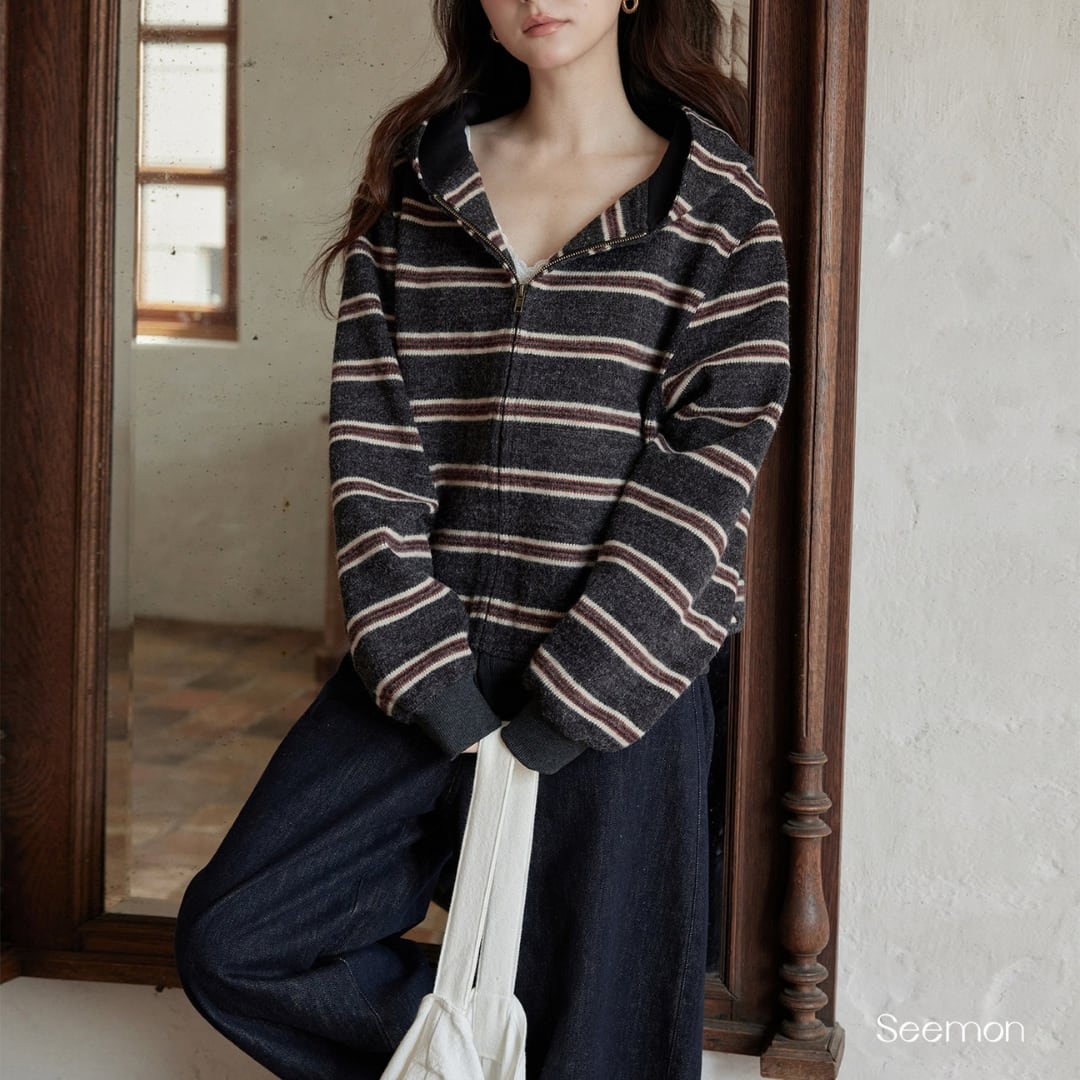striped zip up hooded knit