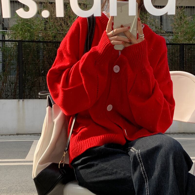 セーター レディーススタンダードレッドニットトップス スプリング レトロ 春物 ブラックストロベリース91322176972