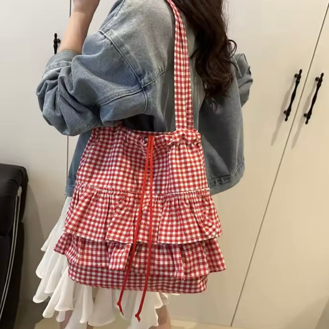 frill gingham check tote bag