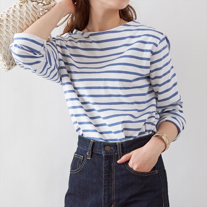 【シンプル&リラックスなデイリーカジュアルに最適★ボーダー柄シンプルカットソー】ボーダー柄ボートネックシンプル長袖カットソー4カラー