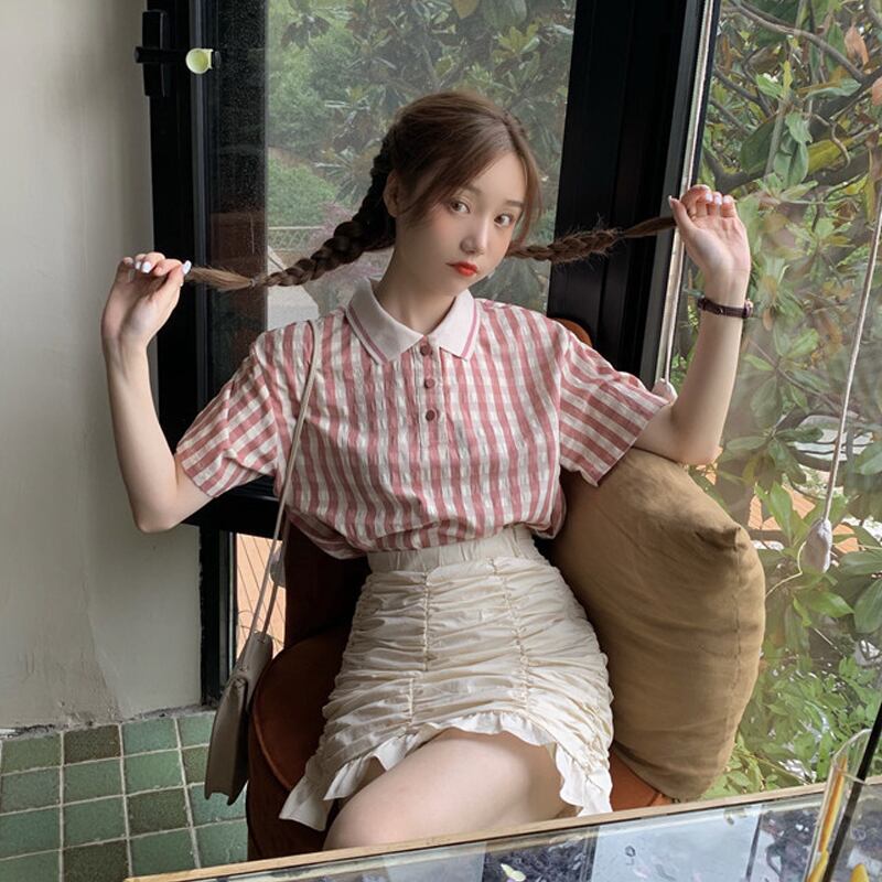 レッドスプリング格子柄Tシャツ トップス 春物 試着室88587872264