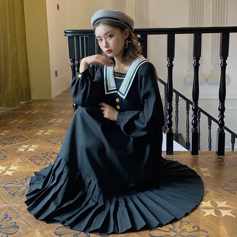 eseカレッジスタイルダークブラックスカート2020年秋新しい女性のプリーツスカート夏ロングドレス春と秋 萌量不足51863364382