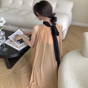 back ribbon sheer A-line one-piece<d1603>