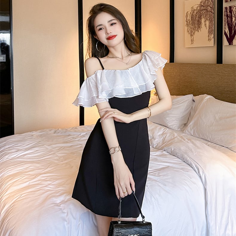 【dress】フリルドッキングワンショルダーワンピース M32567