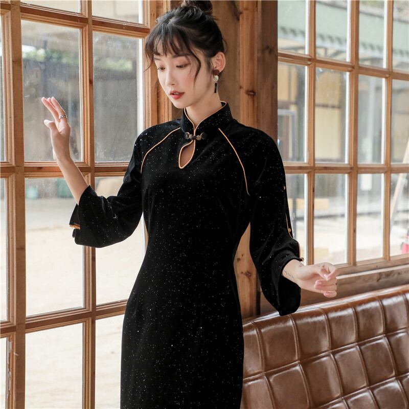 ベルベットチャイナドレス ショート丈 S M L LL パーティー 中華服