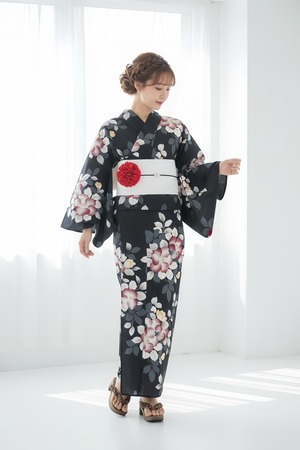 浴衣ジェンヌ 浴衣5点セット 綿 ゆかた 半幅帯 浴衣 黒 赤 花柄 レディース浴衣