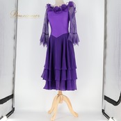 社交ダンス 衣装 ワンピース ドレス パープル系 クリエイトサン Create-Sun 紫 レース フリル 無地 軽い パーティ 発表会 ダンス コスチューム おしゃれ レディース ステージ衣装 紫色 女性 ダンスパーティ