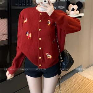 2色／刺繍フラワーボタンニットカーデ ・75388