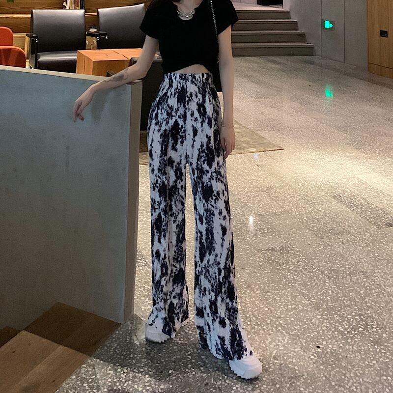 バージョンの黒の絞り染めワイドレッグカジュアルパンツ女性の夏の緩いドレープハイウエストのズボン2020新しいストレートパンツ ブラックストロベリース60118871084
