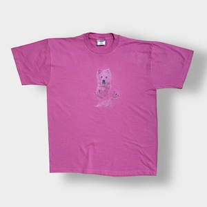 【JERZEES】90s USA製 アニマルプリント Tシャツ 犬 ワンちゃん L 半袖 ピンク US古着