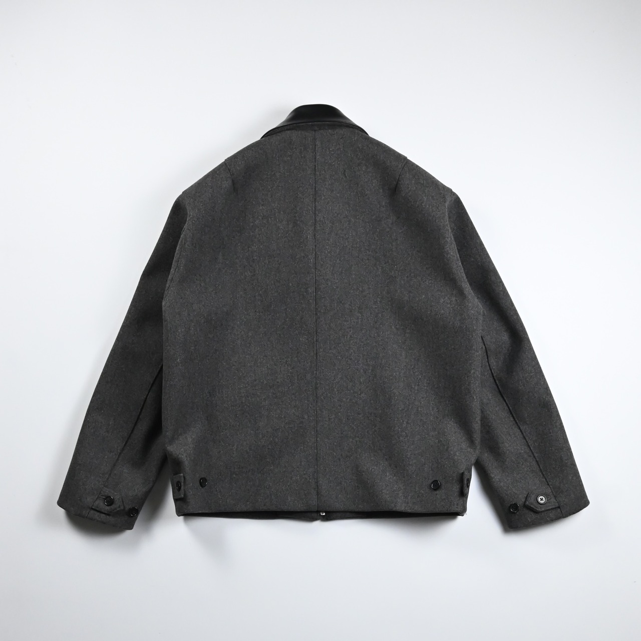 INTERIM / HEAVY MELANGE FELTED VIRGIN WOOL DEADSTOCK LEATHER COLLAR HARRINGTON JACKET