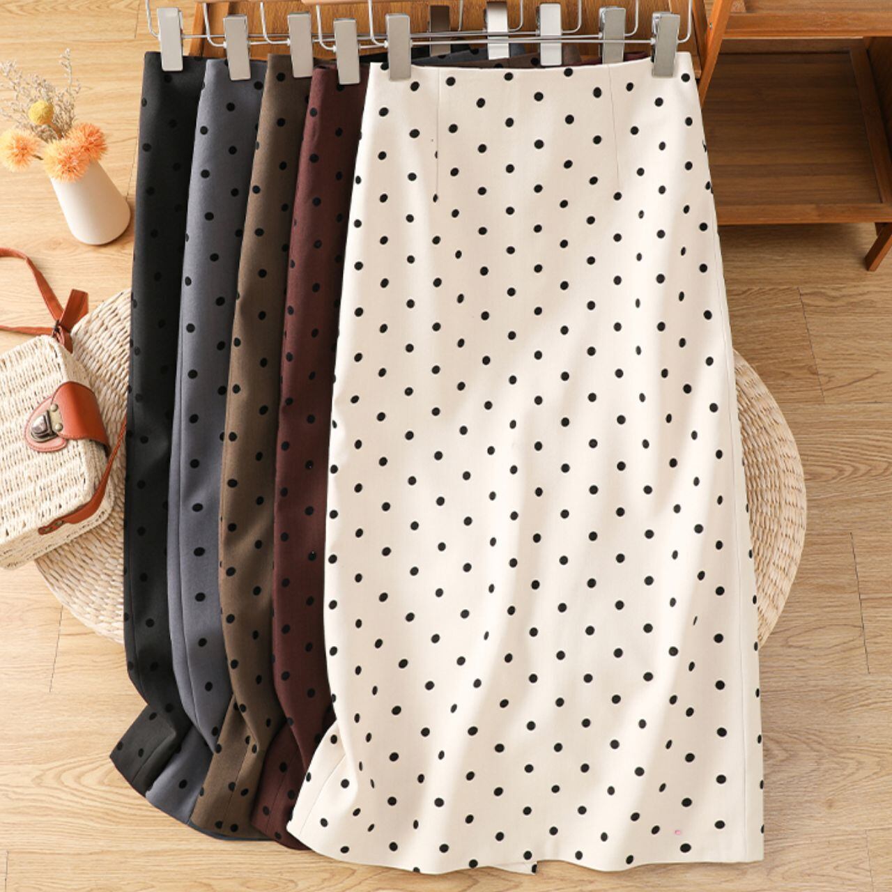 ドット柄 ハイウエスト Iラインスカート Ln00341