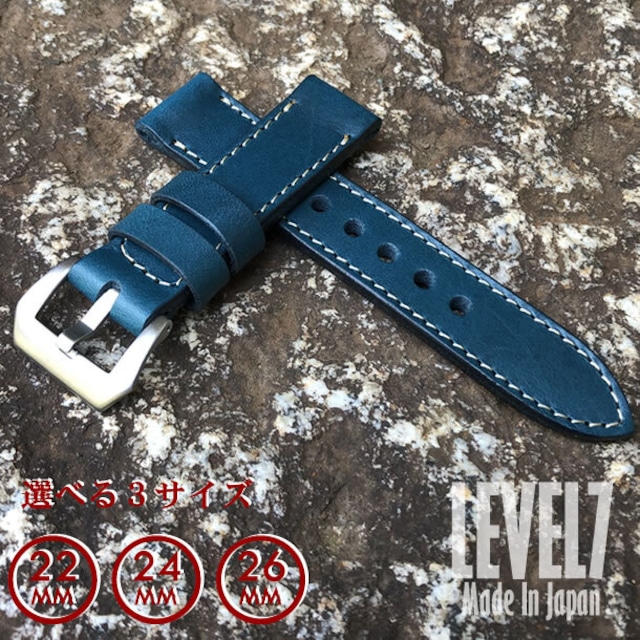 【ラグ幅：22MM/24MM/26MM対応】日本製 ハンドメイド パネライ スタイル オイル染料仕上げ スムース ヌメ革/レザーベルト ブルー 黄茶色ステッチ バックル付き 腕時計 替えベルト SP-H002C6-BLYE LEVEL7