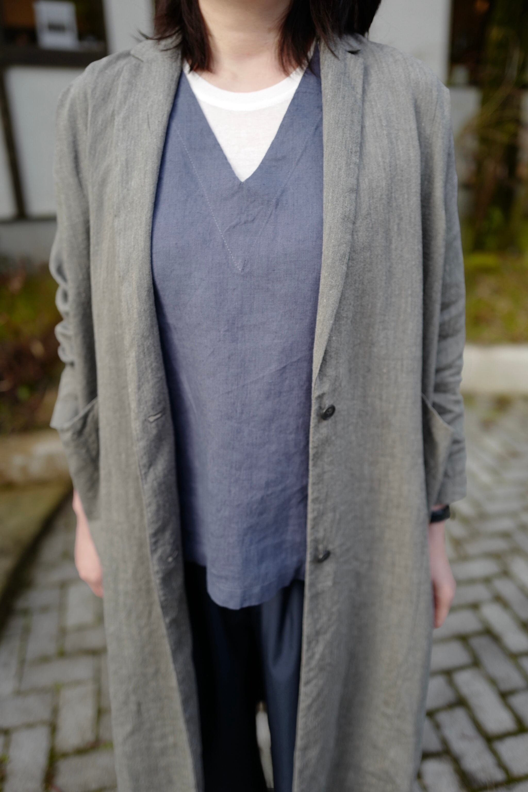 fog Inen work ロングベスト 別注》fog linen work｜普通地リネンVネックベスト・ジレ（col.ブルー