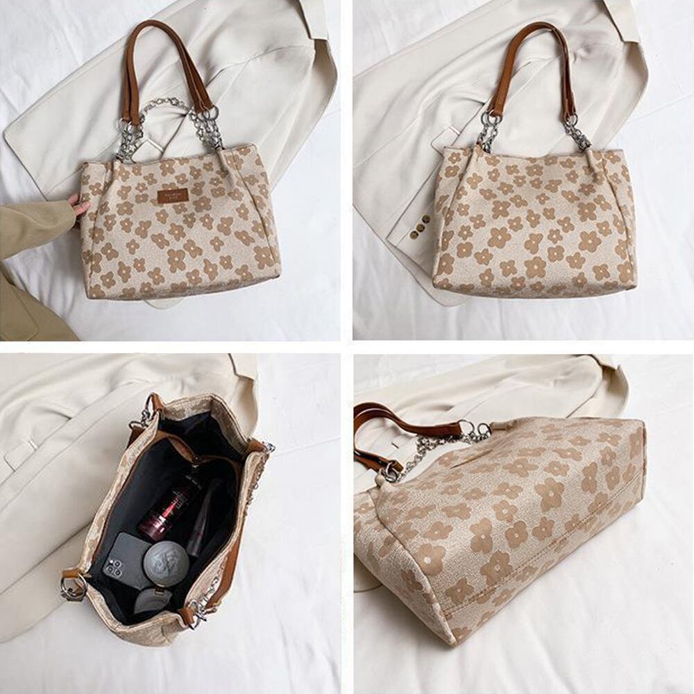 スクエア トート バッグ レディース 大容量 通勤 通学 きれいめ 大人 かわいい 花柄 おしゃれ レザー チェーン付き 大人可愛い 大人女子